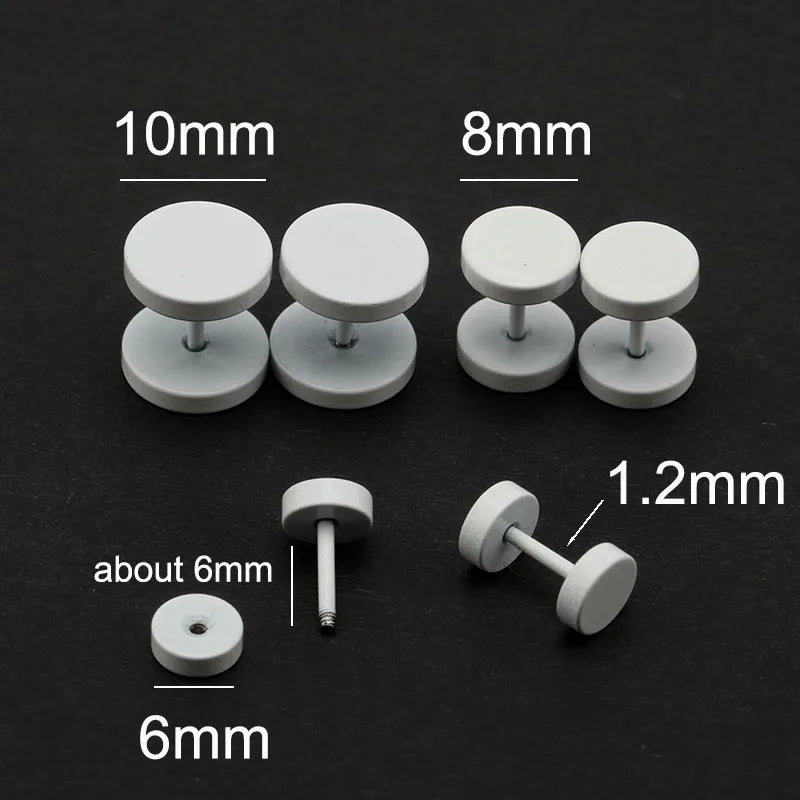 2PCS Fashion Men's Women's Ear Studs Earrings Fake Ear Plugs White 6mm 8mm 10mm Screw Round Barbell Jewelry Stainless Steel Punk