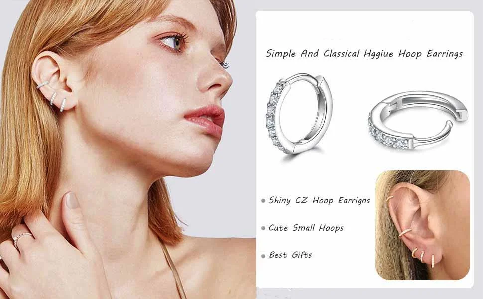 925 Sterling Silver Small Hoop Earrings Zirconia Huggie 14K Gold Plated Cartilage Piercing Ear Cuff Tiny Earrings for Women Men