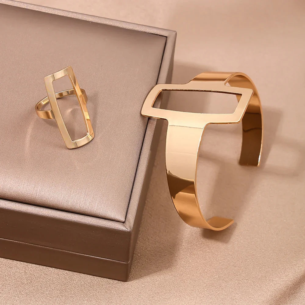 2-Piece Set Of Fashionable And Simple Geometric Open Square Jewelry Hollow Ring Bracelet Set Mother'S Day Gift Jewelry Set