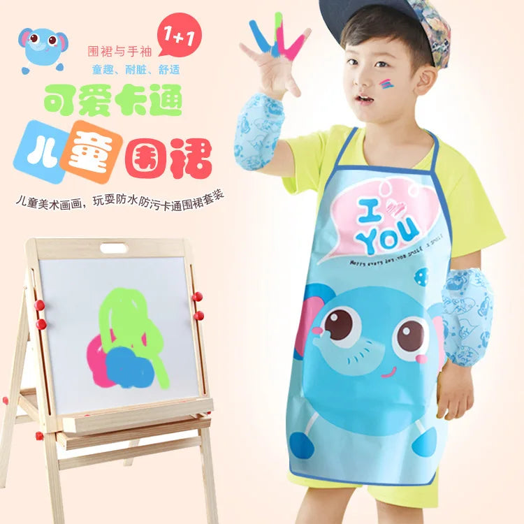 Cute Cartoon Children Apron Sleeves Chef Hat Pocket Set Kids Craft Art Kitchen Cooking Chef Suit Drink Food Baking Toys for 3-8Y