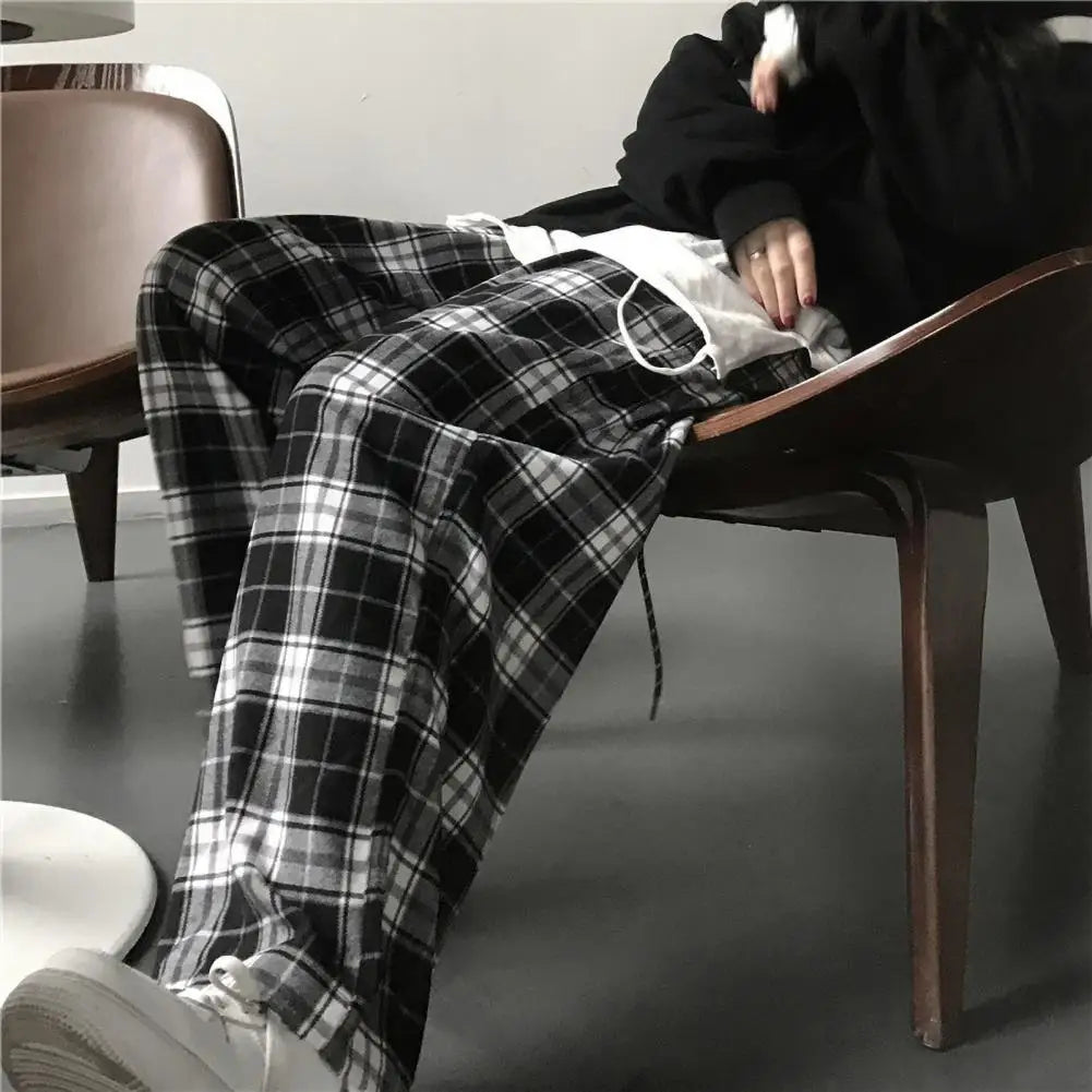 Plaid Print Pants Plaid Print Wide Leg Sweatpants for Women High Elastic Waist Streetwear Trousers with Loose Fit Sport Style