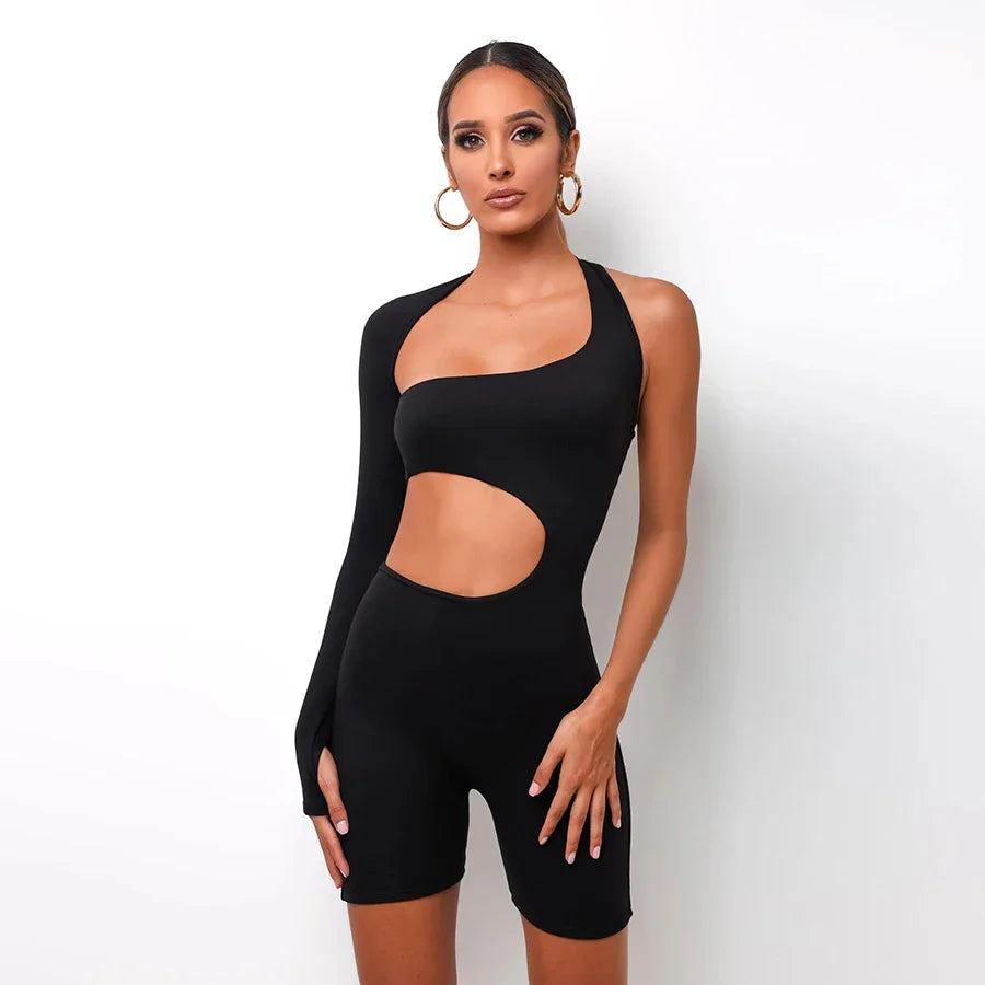 ANSZKTN Skinny Fitness Womens Playsuit 2020 Asymmetrical Solid Ladies Jumpsuits Elastic Ribbed Jumpsuits Bodycon Jumpsuit