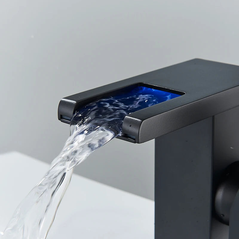 LED Bathroom Basin Faucet Waterfall Outlet Black Cold And Hot Mixer Deck Installation Crane Kitchen Sink Tap With Light