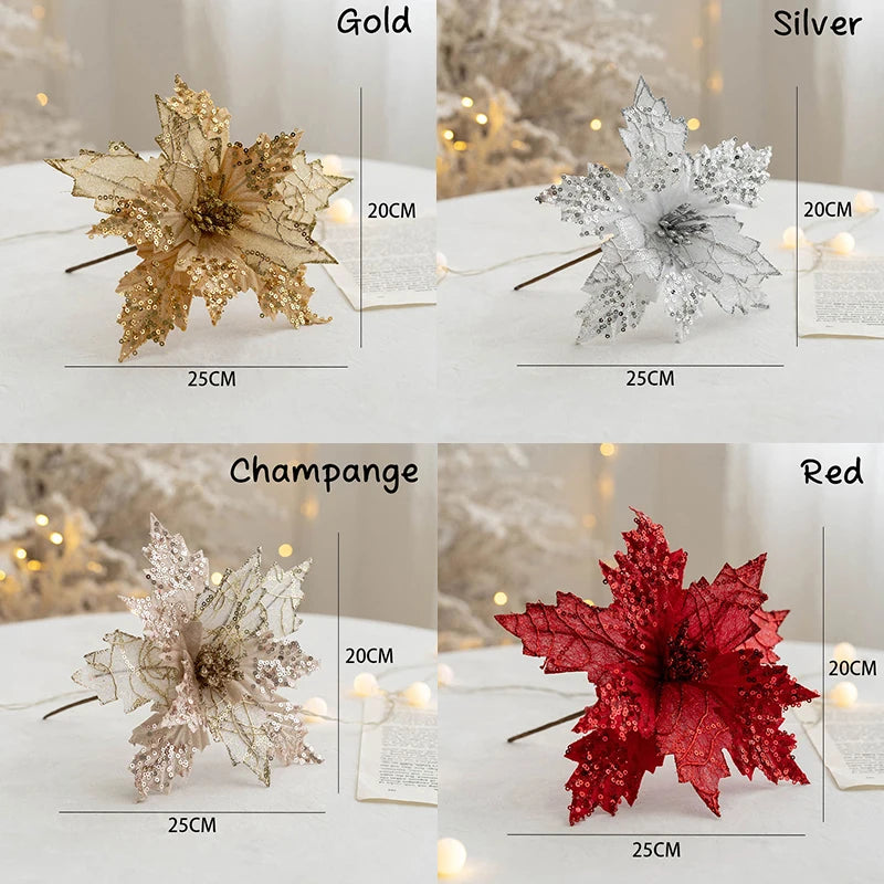 1PC Glitter Artificial Christmas Flowers Christmas Tree Decorations Home Fake Flowers Christmas Ornaments New Year Decorations