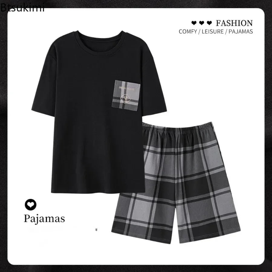 2024 New Men's Summer Short Sleeve Shorts Pajamas Sets Fashion Printed Loose Lounge Home Suit Men Simple Casual Cotton Sleepwear