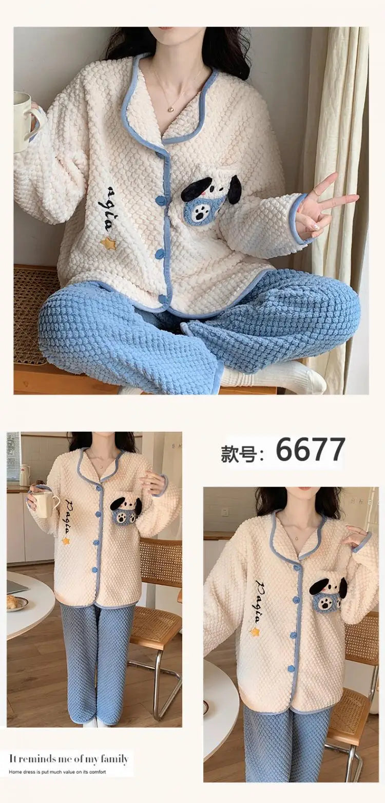 Anime Kuromi Pajamas Pants Suit Sanrioed Women Cute Kawaii Spring Winter Cardigan Plush Coral Fleece Cute Cartoon Warm Homewear