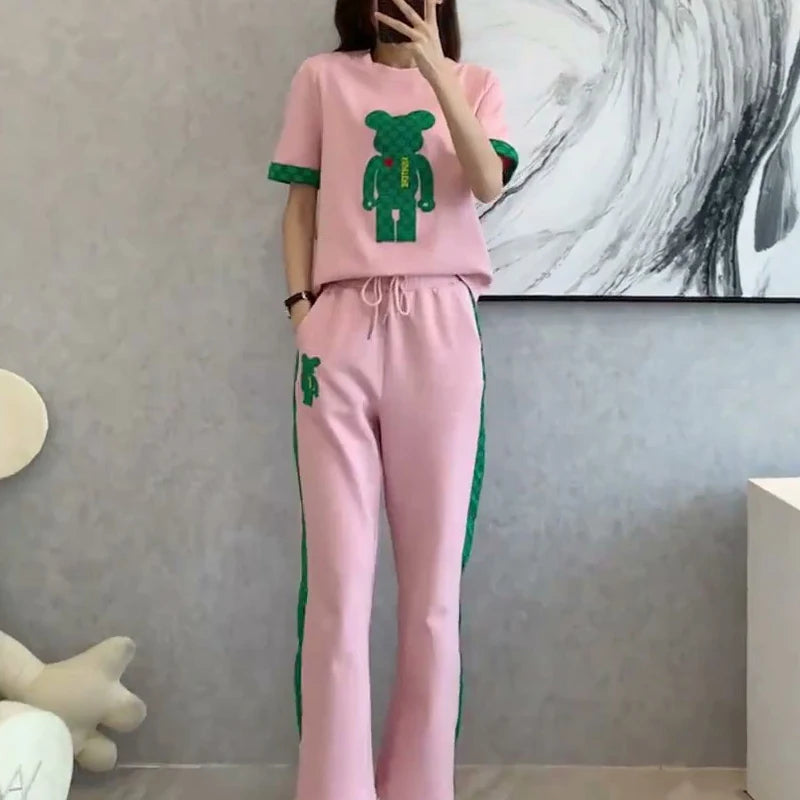 New Cartoon Cotton Pajamas for Women Long Pants Short Sleeved Sleepwear Summer Spring Loungewear Fashion Home Clothing Homewear