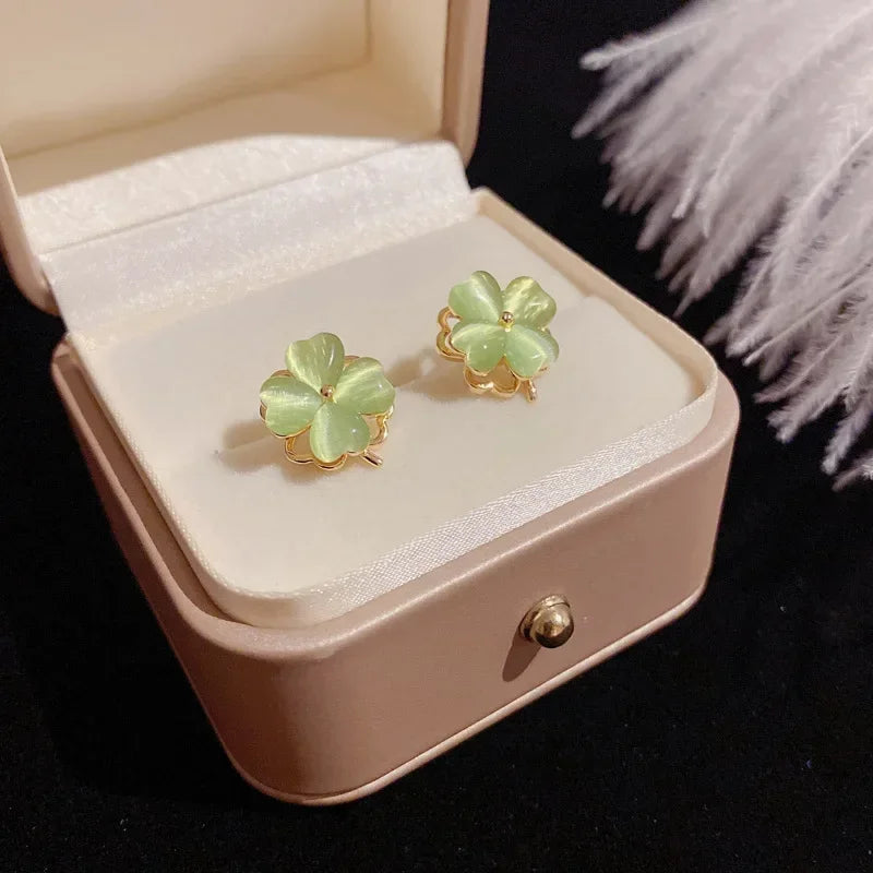 Fashion Classic Rotatable Rings Choker Green Clover Earrings Women Stainless Steel Earrings Pendant Jewelry Set for Women Gift