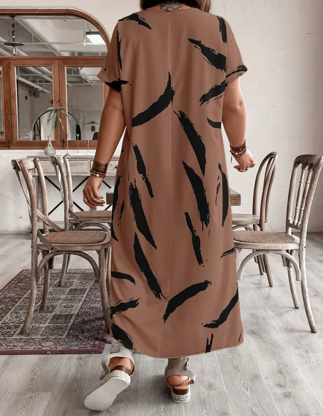 Women's Vacation Casual Dress 2025 Spring Summer Latest Round Neck Short Sleeved Explosive Print Slit Maxi Dress Long Skirt