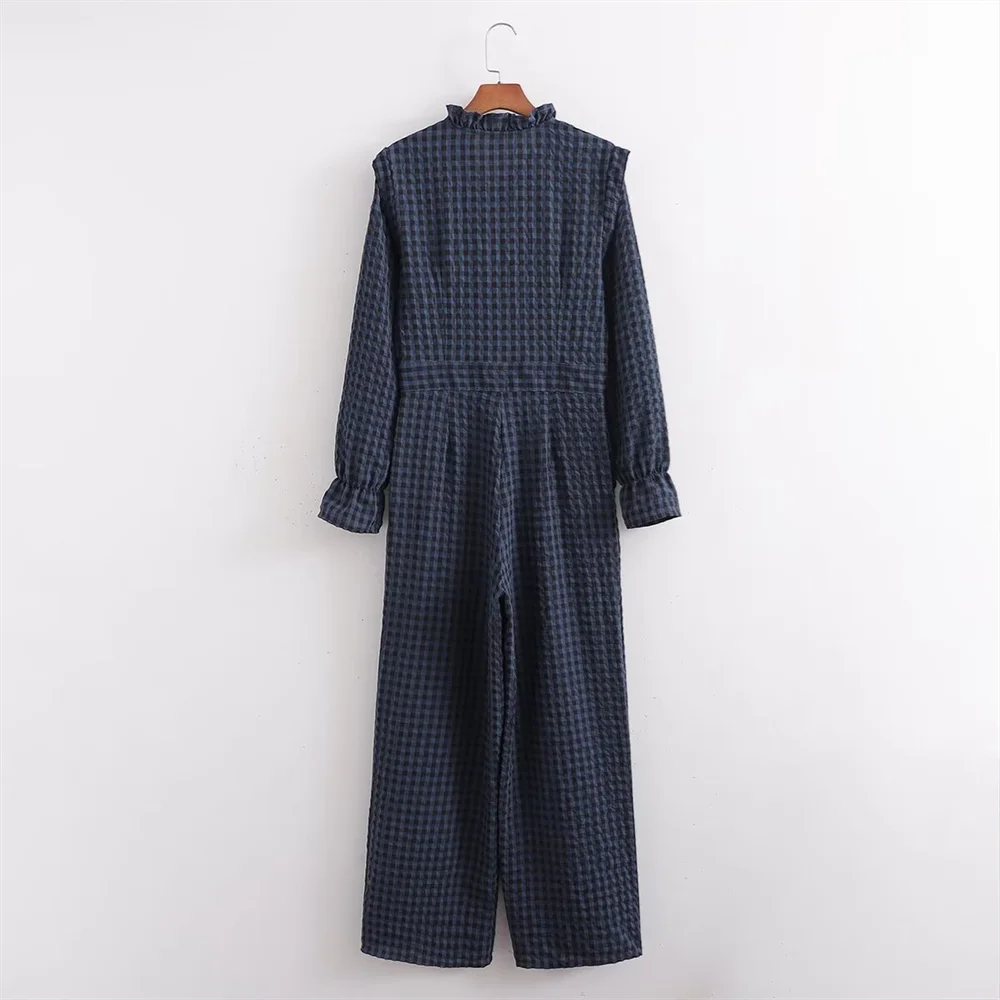 PB&ZA 2024 Spring New Women's Fashion temperament casual versatile bubble sleeve plaid long jumpsuit