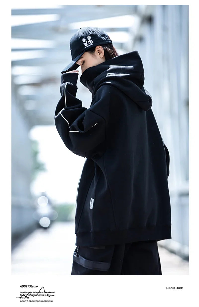 Autumn Windbreaker Turtleneck Hooded Sweatshirts For Men New Ninja Oversized Hoodies Women Line Print Y2K Streetwear Hoodie