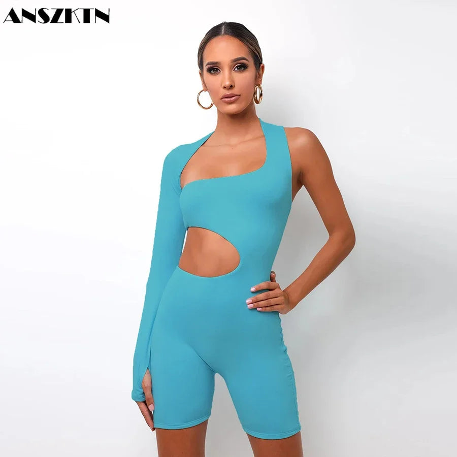 ANSZKTN Skinny Fitness Womens Playsuit 2020 Asymmetrical Solid Ladies Jumpsuits Elastic Ribbed Jumpsuits Bodycon Jumpsuit