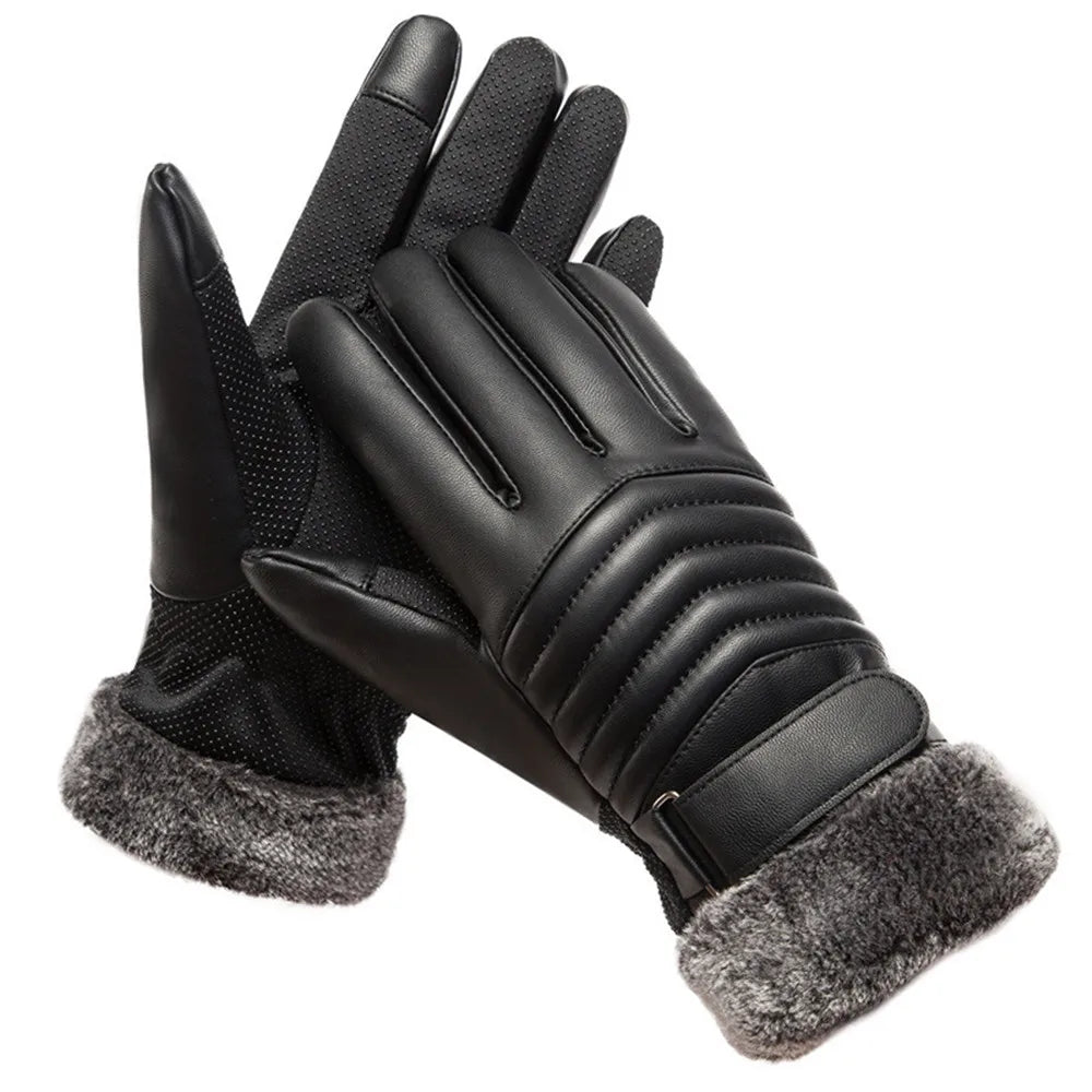 Gloves Winter MEN'S Fur Mouth Plush Insulation Gloves Outdoor Cycling Motorcycle PU Touch Screen Cotton Gloves