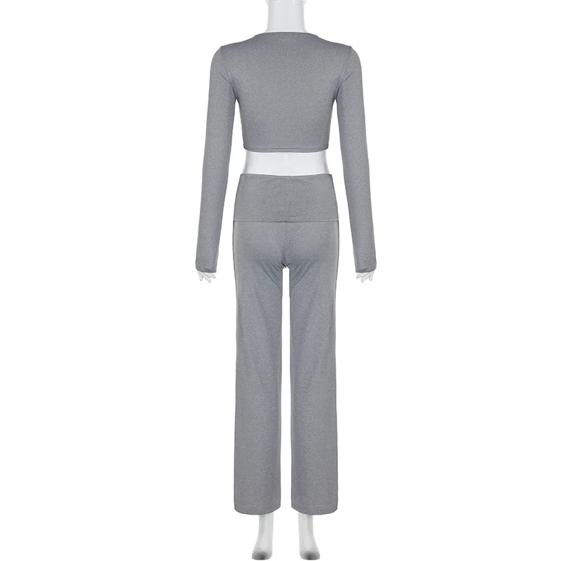 BIIKPIIK Yoga Casual Two Piece Set Concise Sporty Pants Suit For Women Fitness Long Sleeve Crop Top + Turndown Waist Pants Trend