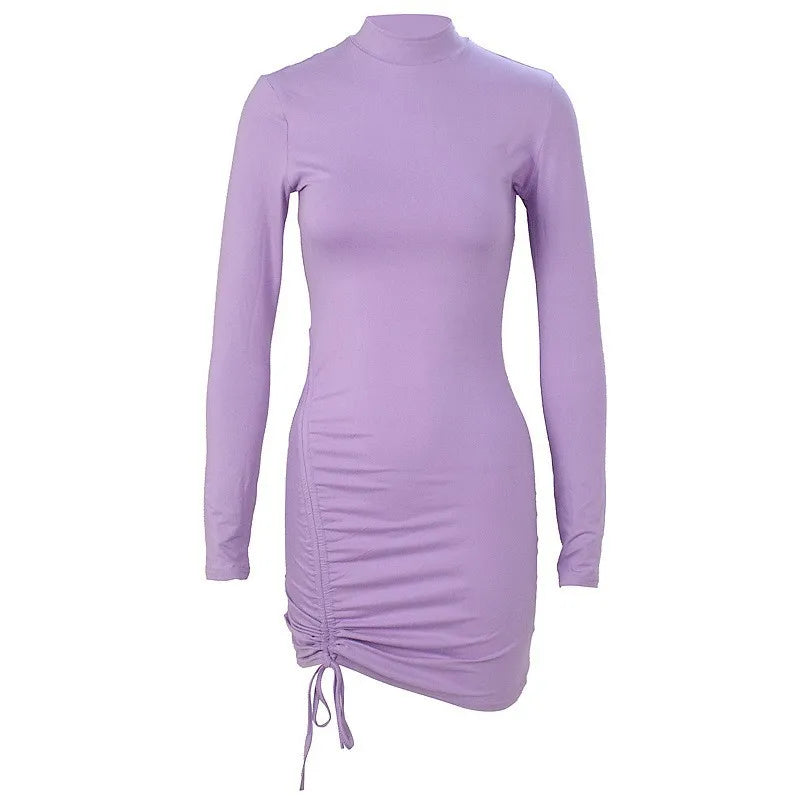 Elegant Lace Up Dress Solid Pleated Slim Fit Party Bodycon Female Sexy Mini Dresses Purple Black Vestidos