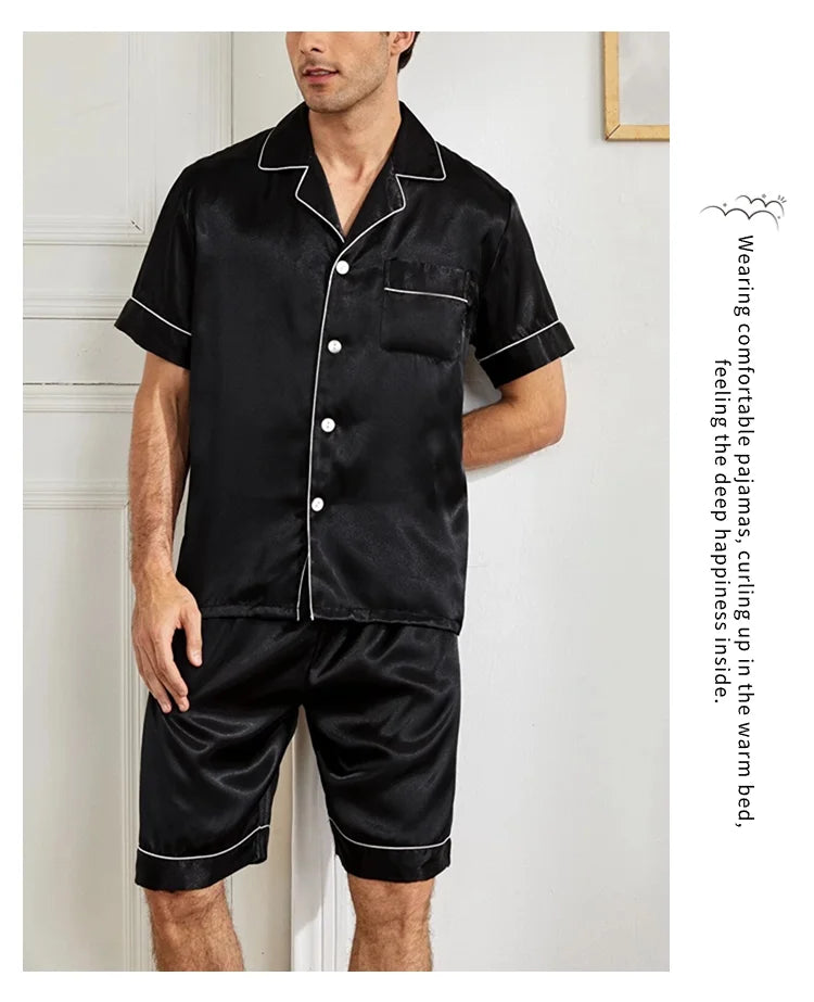 Men Satin Short Sleeve Pajama Set Summer Sleepwear for Man Button-Down Shirt & Elastic Waist Shorts Pajamas Home Clothes 2 Piece