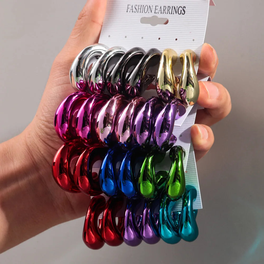 New 9Pair/Set Acrylic Small Chunky Waterdrop Earrings Dupes for Women Matte Colorful Dome Tear Drop Earring Hoops Trendy Jewelry