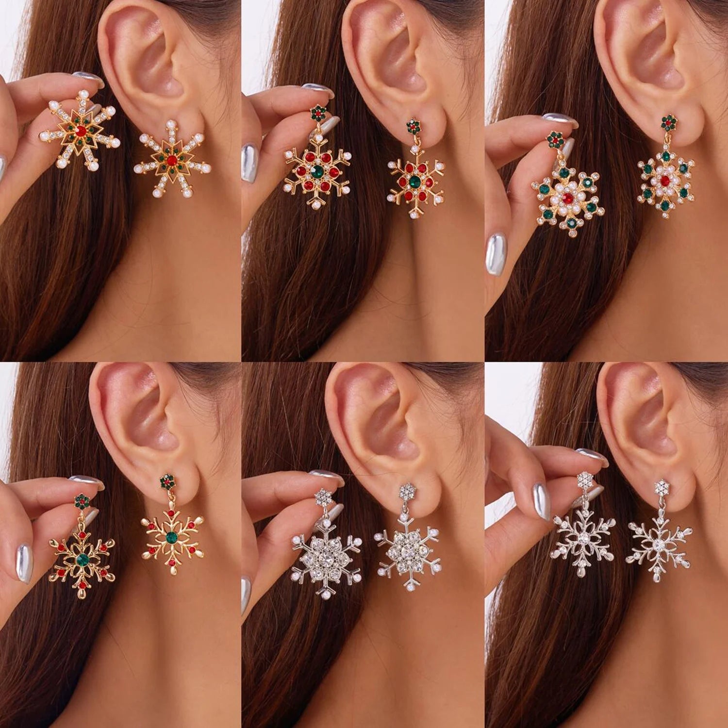 Fashion Christmas Snowflake Stud Earrings For Women Crystal Zircon Pearl Dangle Piercing Ear Jewelry Girl New Year Party Gifts