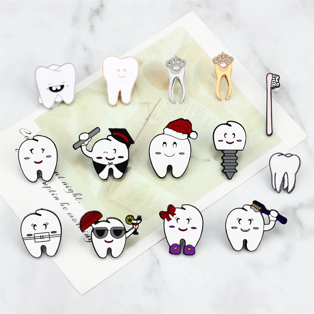 Cartoon Teeth Collection Brooch Protect Tooth Enamel Pins Cute Smile Dentist Badge Jewelry Bag Lapel Metal Pin Jewelry Kids Gift