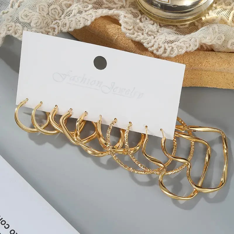 16 Pairs Set Of Hoop Earrings Twisted Love Heart Geometric Square Design Jewelry Elegant Simple Style Big Set Gift For Women New