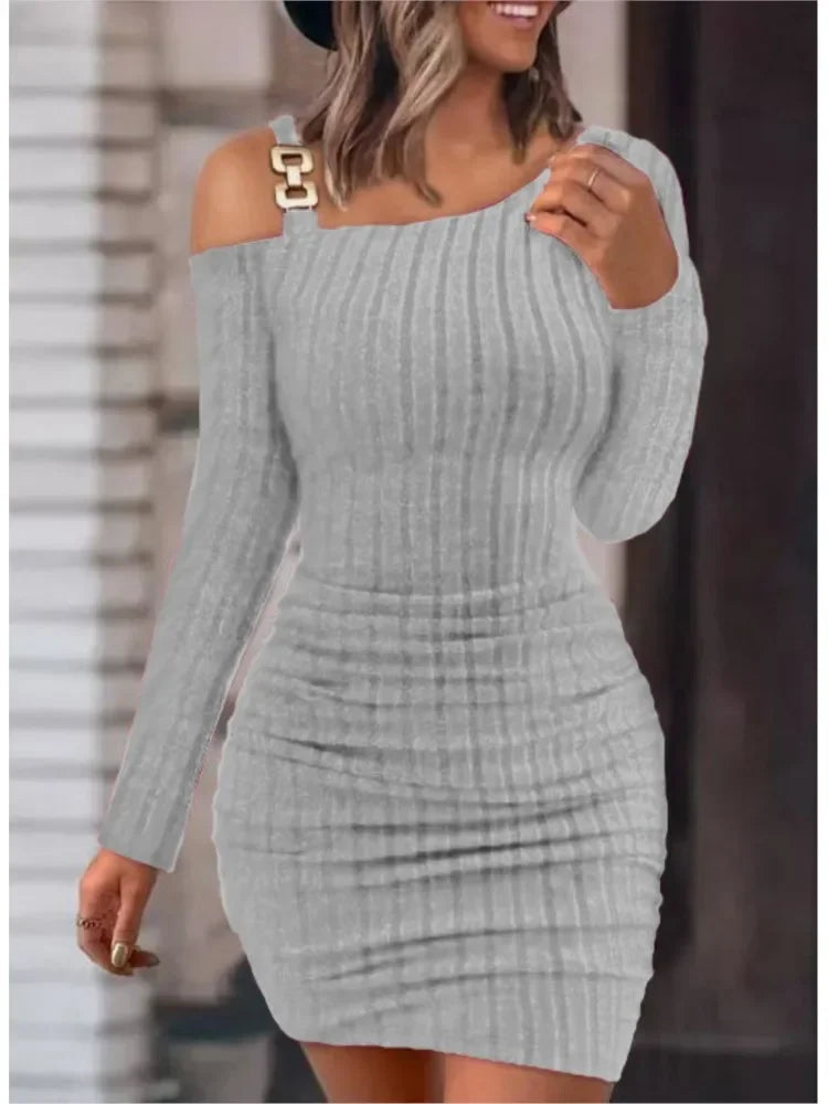 Autumn Winter New Women Dress Solid Button Oblique Off Shoulder Tight Wrap Hip Slim Sexy Long Sleeve Mini Dress Women Clothing