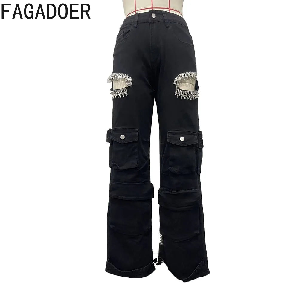 FAGADOER Retro Hollow Out Denim Pants Women Rhinestone Patchwork Cargo Pocket Jeans Hot Girl Y2k Streetwear Bottoms 2025 New