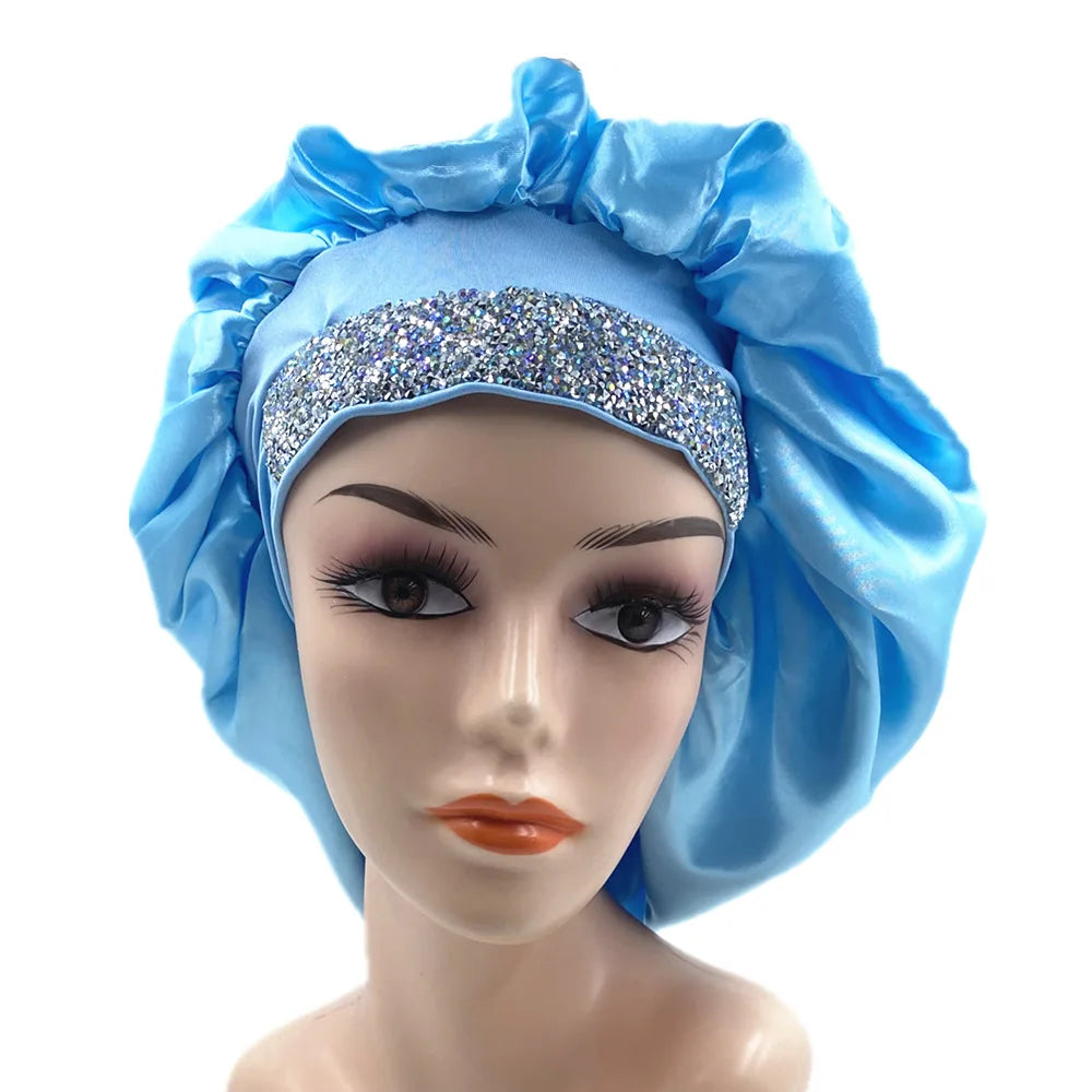 Glitter Rhinestone Wide Band Turban Women Hair Cover Satin Night Sleep Cap Bonnet Head Scarf Headwrap African Hat