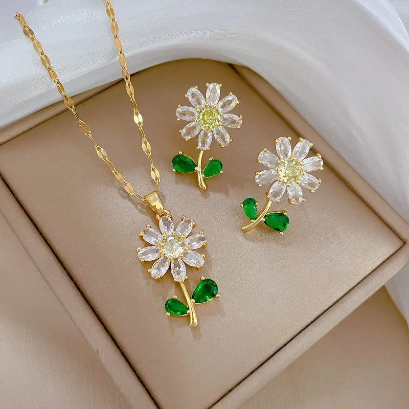 [Titanium Steel] Green Leaf Flower Zircon Necklace and Earrings Set Light Luxury Micro-encrusted Earrings and Necklaces Set