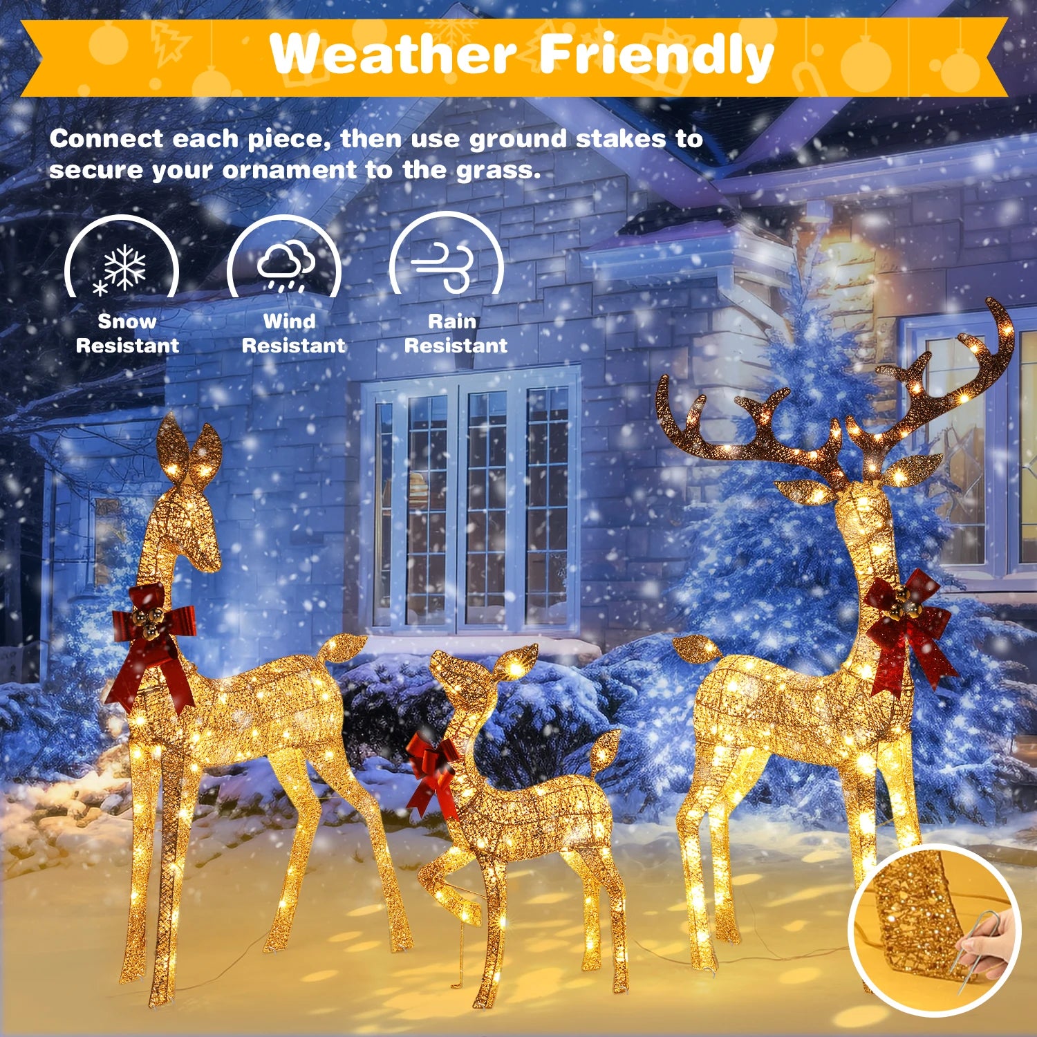 3-Piece Large Lighted Christmas Deer Family Set Pre-lit for Indoor Outdoor Front Yard Porch Holiday Decoration