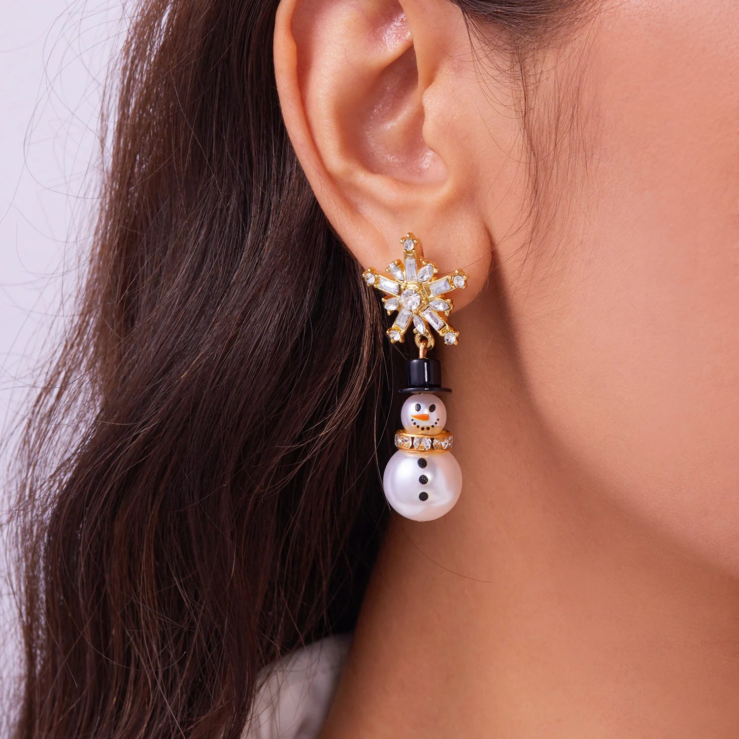 Fashion Christmas Snowman Snowflake Hoop Earrings For Women Pearl Crystal Piecring Cute Xmas Ear Jewelry New Year Gift