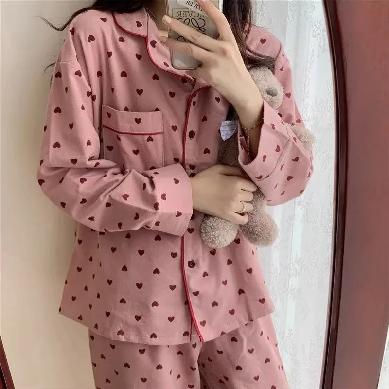 Large Size Sexy Nightwear Women Sleepwear Autumn and Winter Cardigan Home Wear Peach Heart Long Sleeves School Silk Pajamas