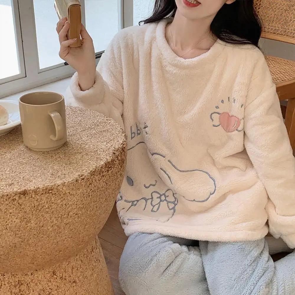 Cute Cinnamoroll Winter Pajamas Suit Sanrioed Anime Kawaii Cartoon Plush Homewear with Chest Pad Women Flannel Warm Nightwear