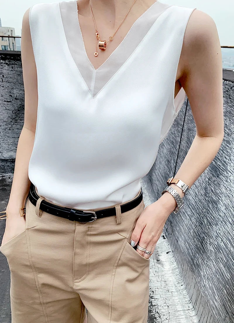 V-Neck Silk Vest Women's Summer Sleeveless Blouse With Acetic Acid Satin Top Sleeveless Bottoming Shirt