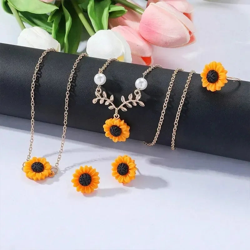 Cute Sweet Resin Flower Pendant Metal Leaves Chain Sunflower Necklace Bracelet Rings Earring Set Jewelry