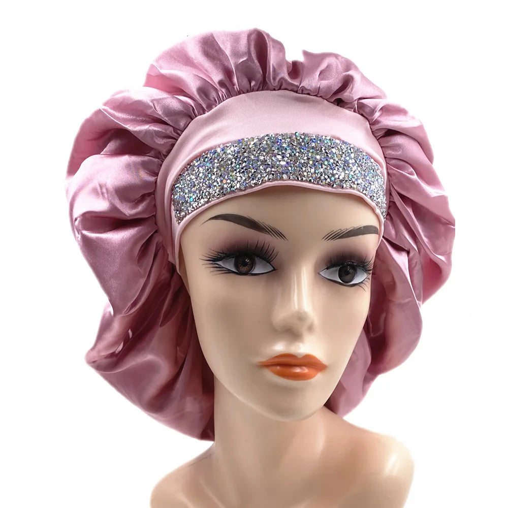 Glitter Rhinestone Wide Band Turban Women Hair Cover Satin Night Sleep Cap Bonnet Head Scarf Headwrap African Hat