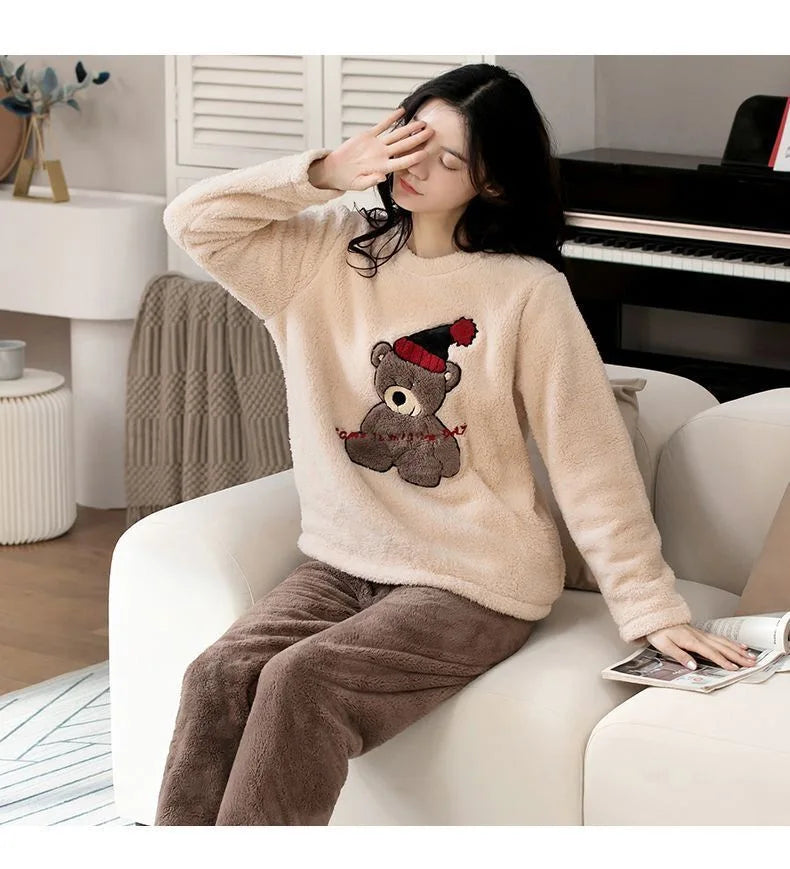 2pcs/Set Large Size Padded Thickened Warm Fall And Winter Women's Pajamas Long-Sleeved Long Pants Set Coral Velvet Cartoon Bear