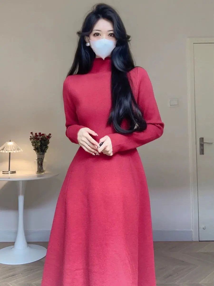 Solid Half High Collar Long Sleeve Jersey Dress Loose Casual Sweat All Match A-line Skirt Elegant Fashion Harajuku Wool Dress