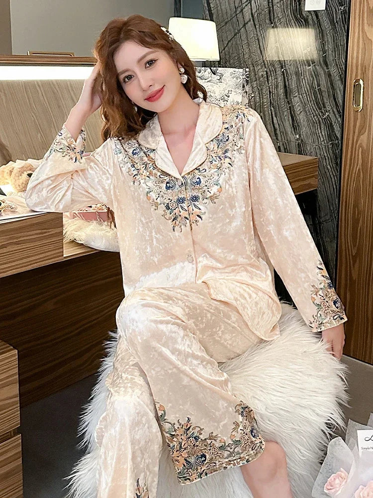 2024 Spring Autumn New Pajamas Women's Korean-Style Lapel Golden Velvet Top With Pants For Outer Wear Home Clothes