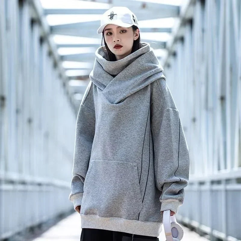 Autumn Windbreaker Turtleneck Hooded Sweatshirts For Men New Ninja Oversized Hoodies Women Line Print Y2K Streetwear Hoodie