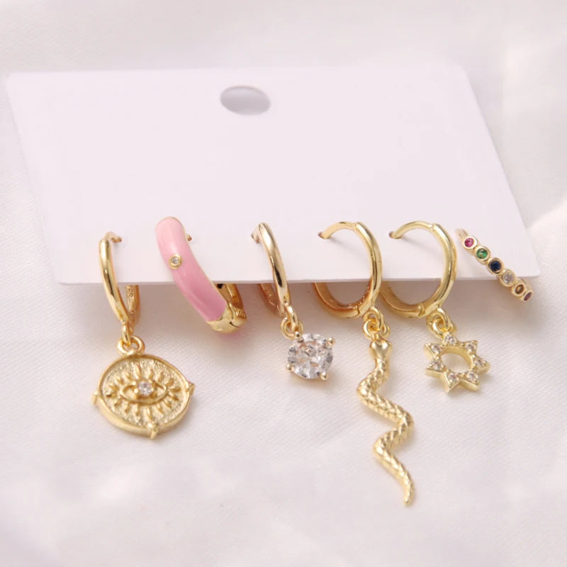 6 Pcs Fashion Exquisite Pearl Star Moon Enamel Zircon Dangle Ear Ring Set Korean Style Small Hoop Earring For Women Jewelry Gift