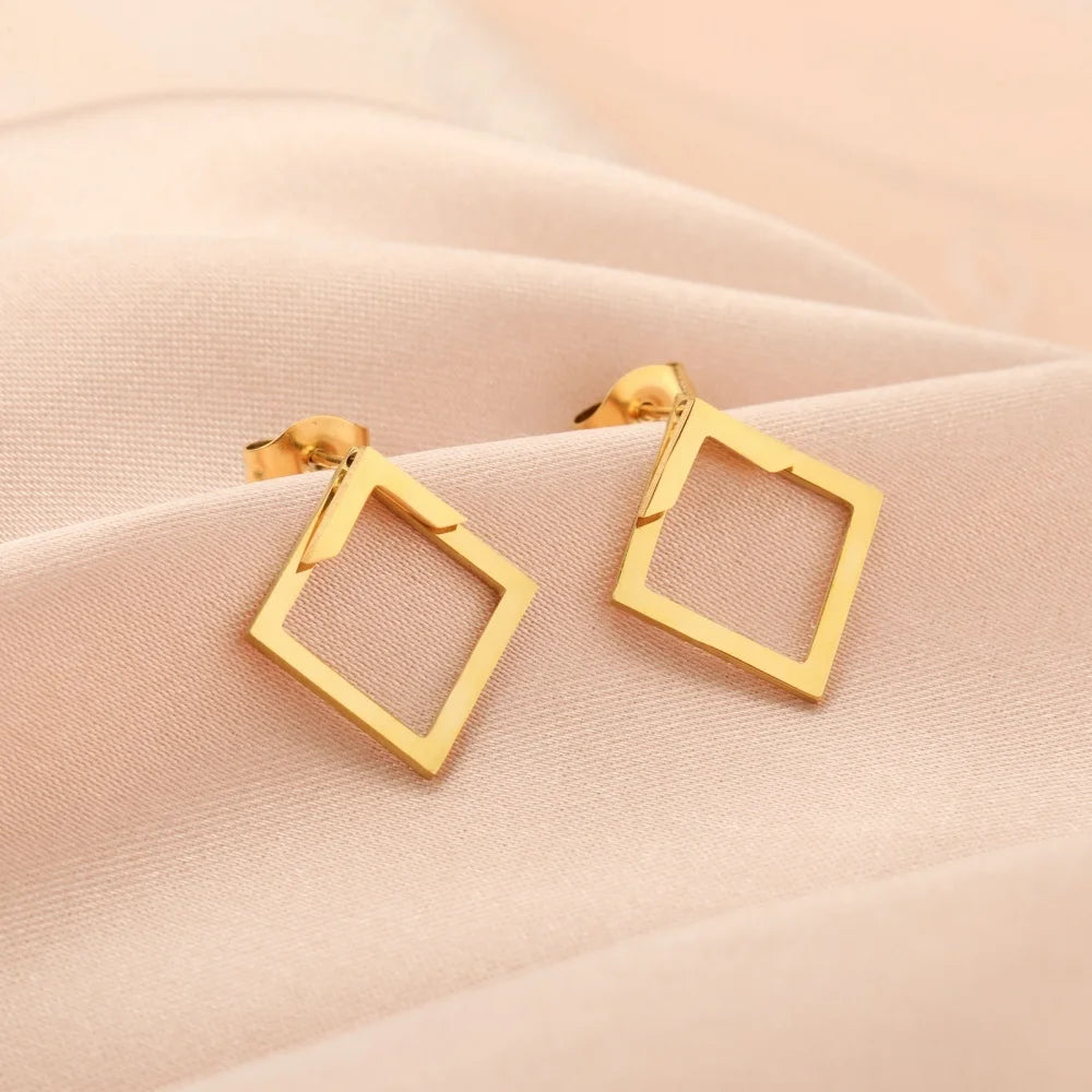 Geometric Square Stud Earrings for Women Girls Gold Color Dainty Ear Jacket Triangle Earring Modern Stainless Steel Jewelry Gift