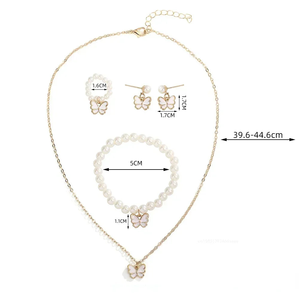 4pcs/Set Fashion Sweet Jewelry Set Butterfly Pendant Imitation Pearl Necklace Bracelet Earring Set for Girl Jewelry Accessories