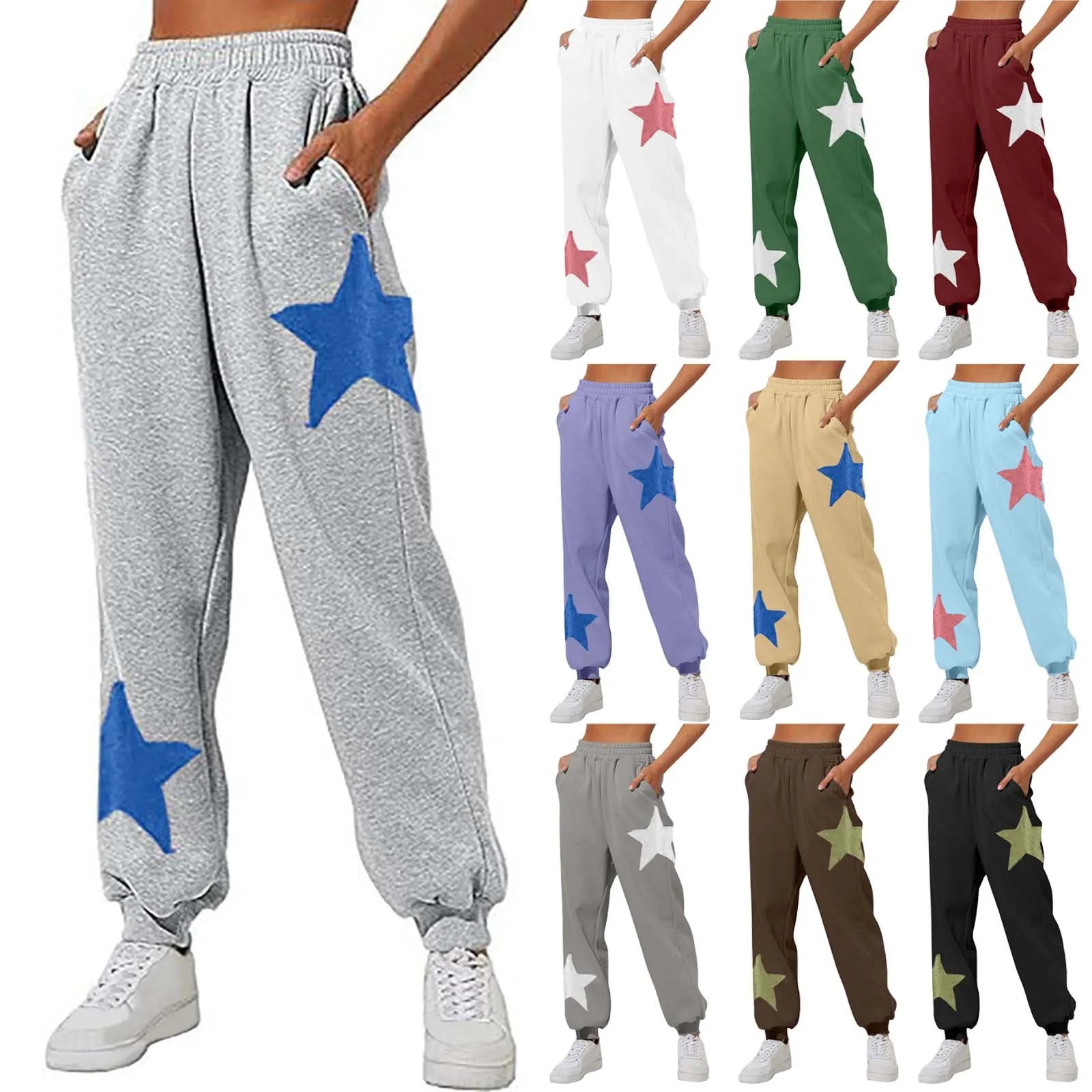 Women'S Casual Fashion Star Print Sweatpants Solid Color Drawstring Pocket Sports Pants High Waist Straight Long Winter Trouser