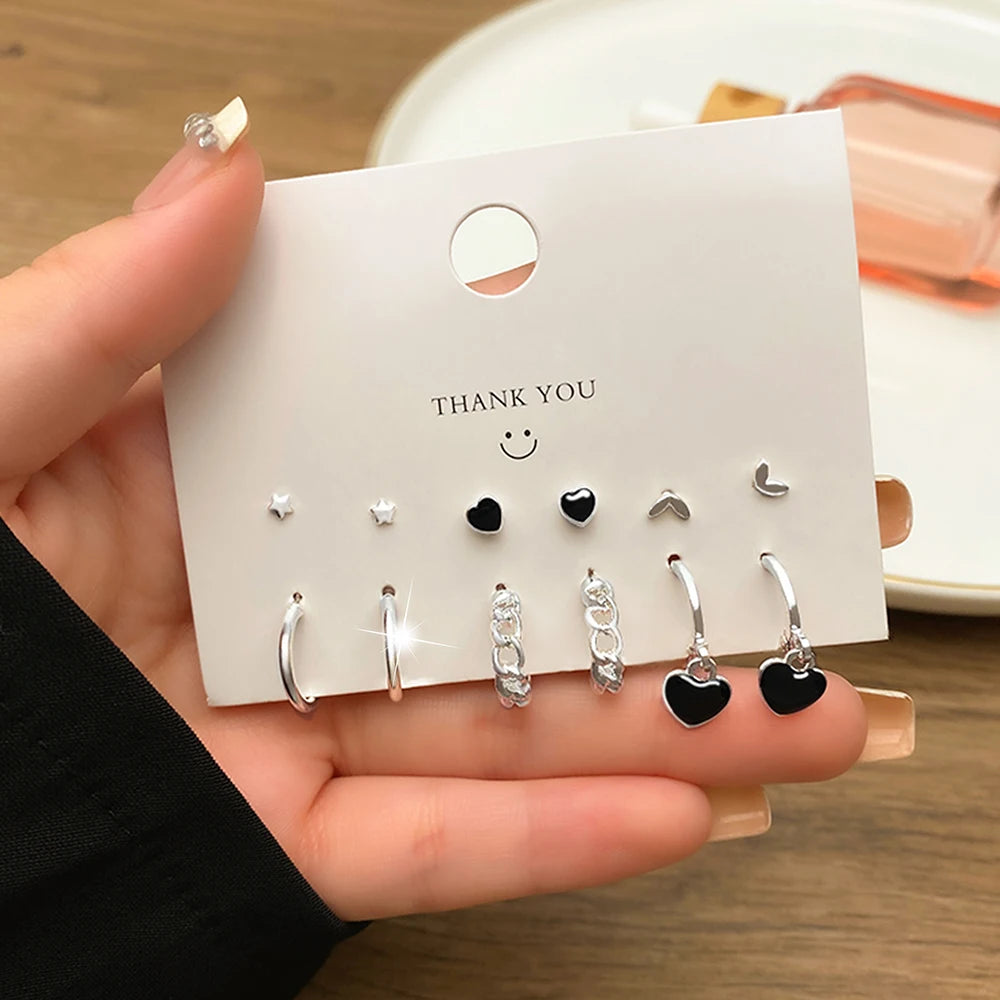 6pcs/set Punk Silver Color Metal black Love Star Chain Earring Irregular Geometric Four Leaf Grass Hoop Earrings For Women Gifts