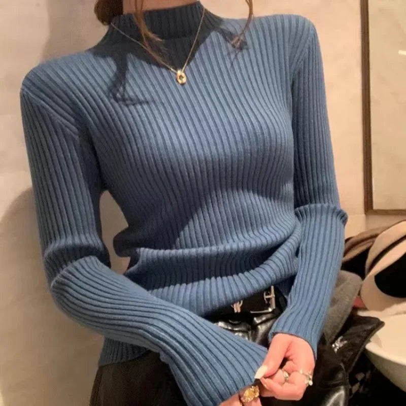 Autumn Winter Women Clasi Striped Solid Slim Y2k Turtleneck Sweater Pull Fashion Knitwears Pullovers Clothing Jumper Blouse