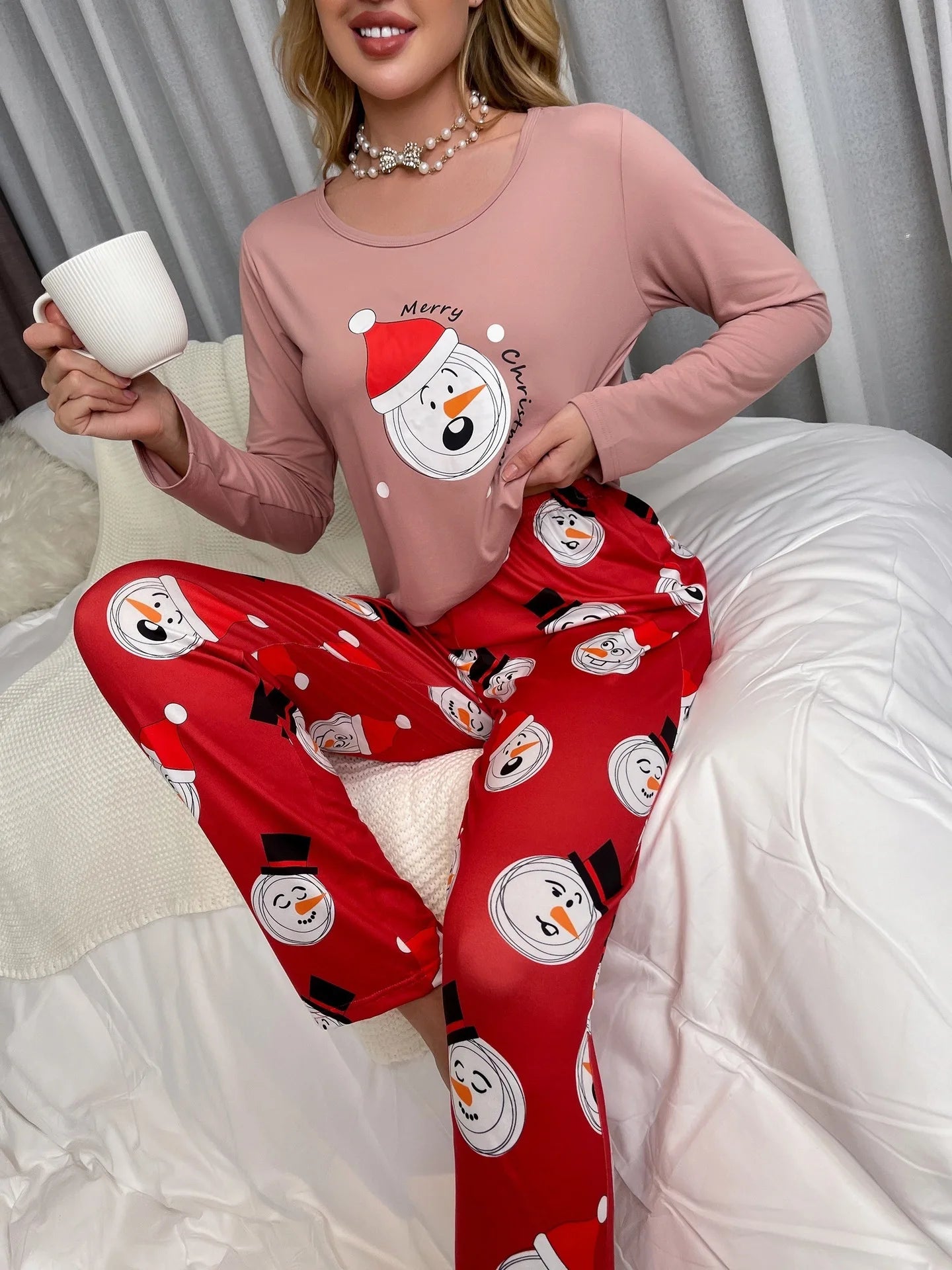 Autumn and Winter Models of Christmas Pajamas Homewear Set of Women's Milk Silk Printing Fabric Long-Sleeved Long Pants Suit