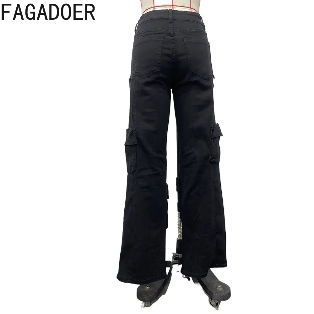 FAGADOER Retro Hollow Out Denim Pants Women Rhinestone Patchwork Cargo Pocket Jeans Hot Girl Y2k Streetwear Bottoms 2025 New