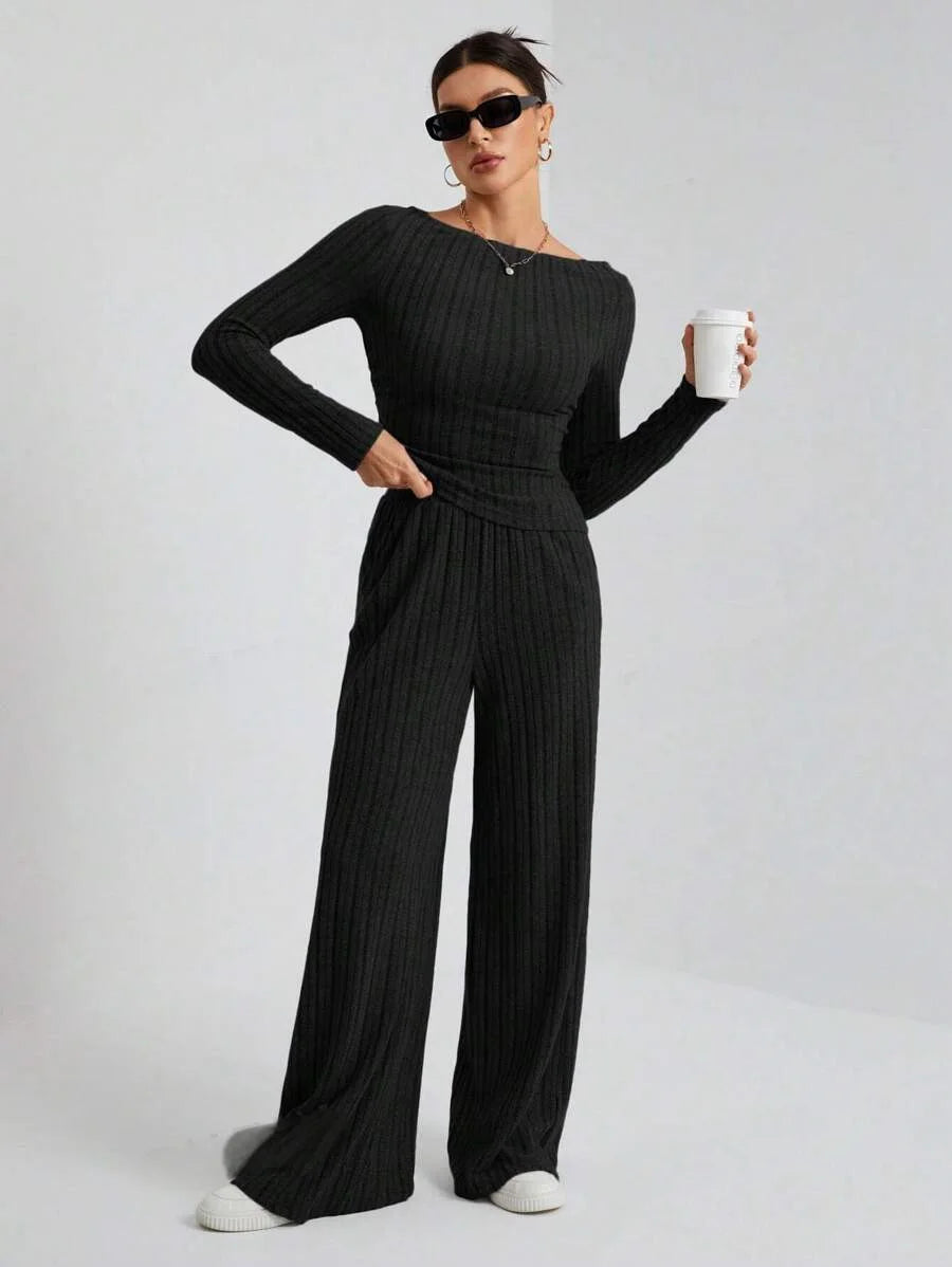 2024 Spring Knitted 2 Piece Sets Women Tracksuit Long Sleeve Vintage Sweater Crop Top Flare Pants Stretch Matching Suit Outfit