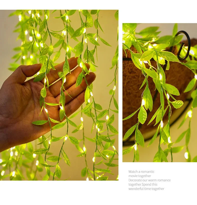 2M 20 Lights USB style  Willow Curtain Lamp Decorative Light String Imitation Leaf Wrought Iron Basket Copper Wire Wedding Party