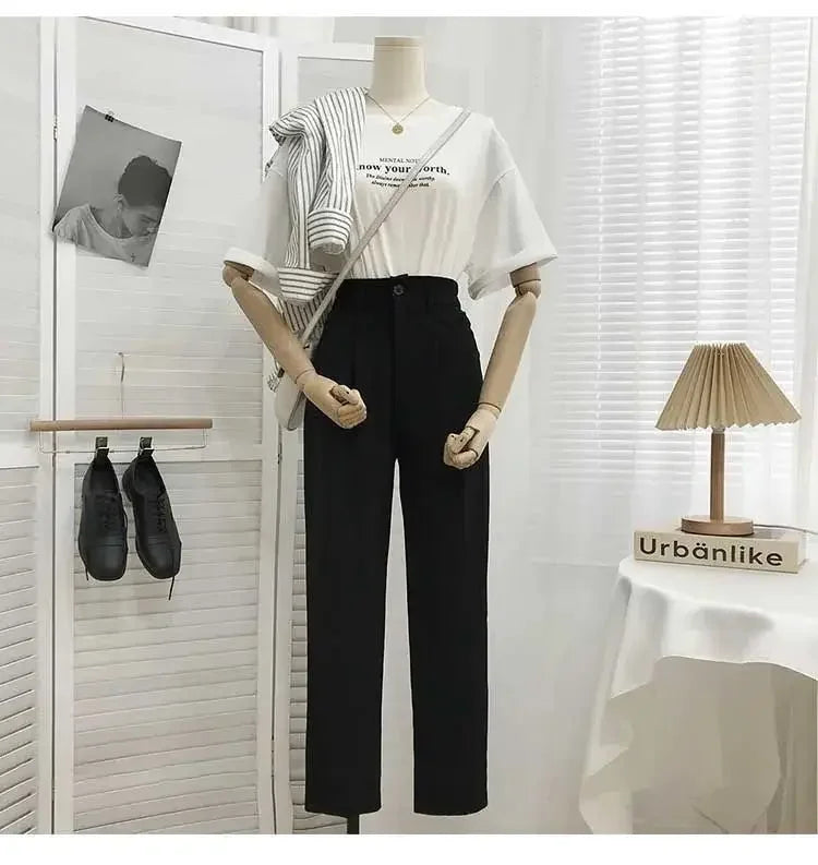 Fashion Elastic High Waist Suit Pants Women Spring Casual Loose Straight Black Trouser Office Ladies Nine Points Streetwear